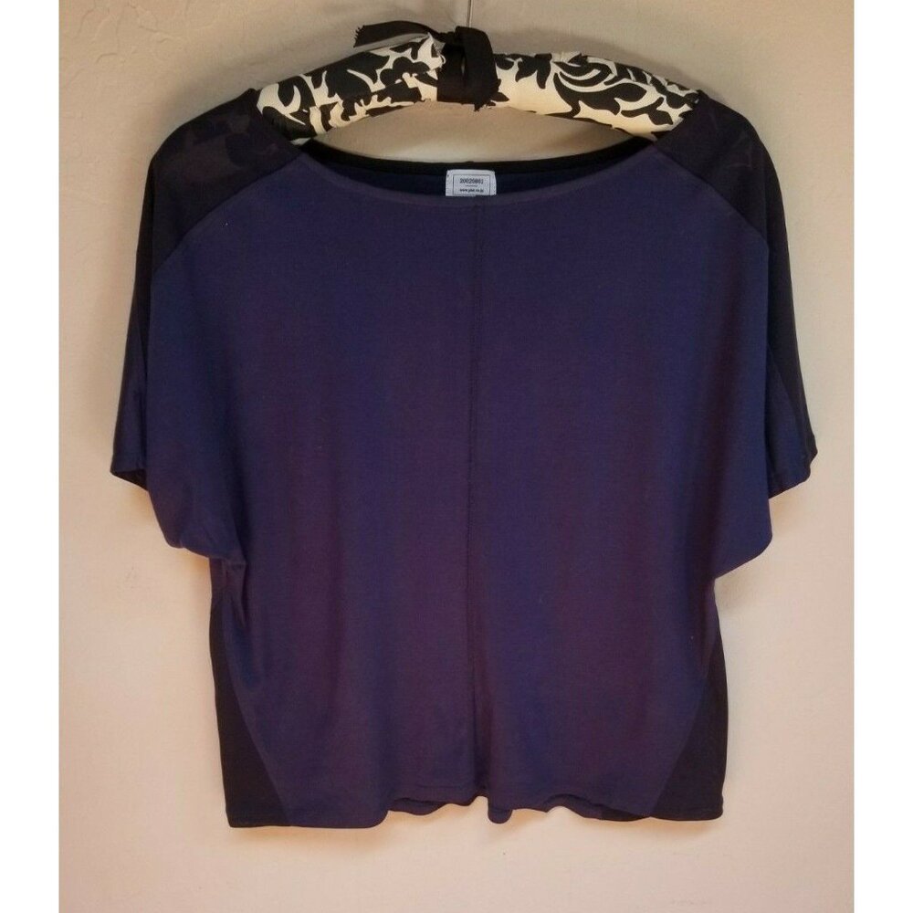 PLST Womens Boat Neck Flared Short Sleeves Top Blouse Blue Sheer Black Casual